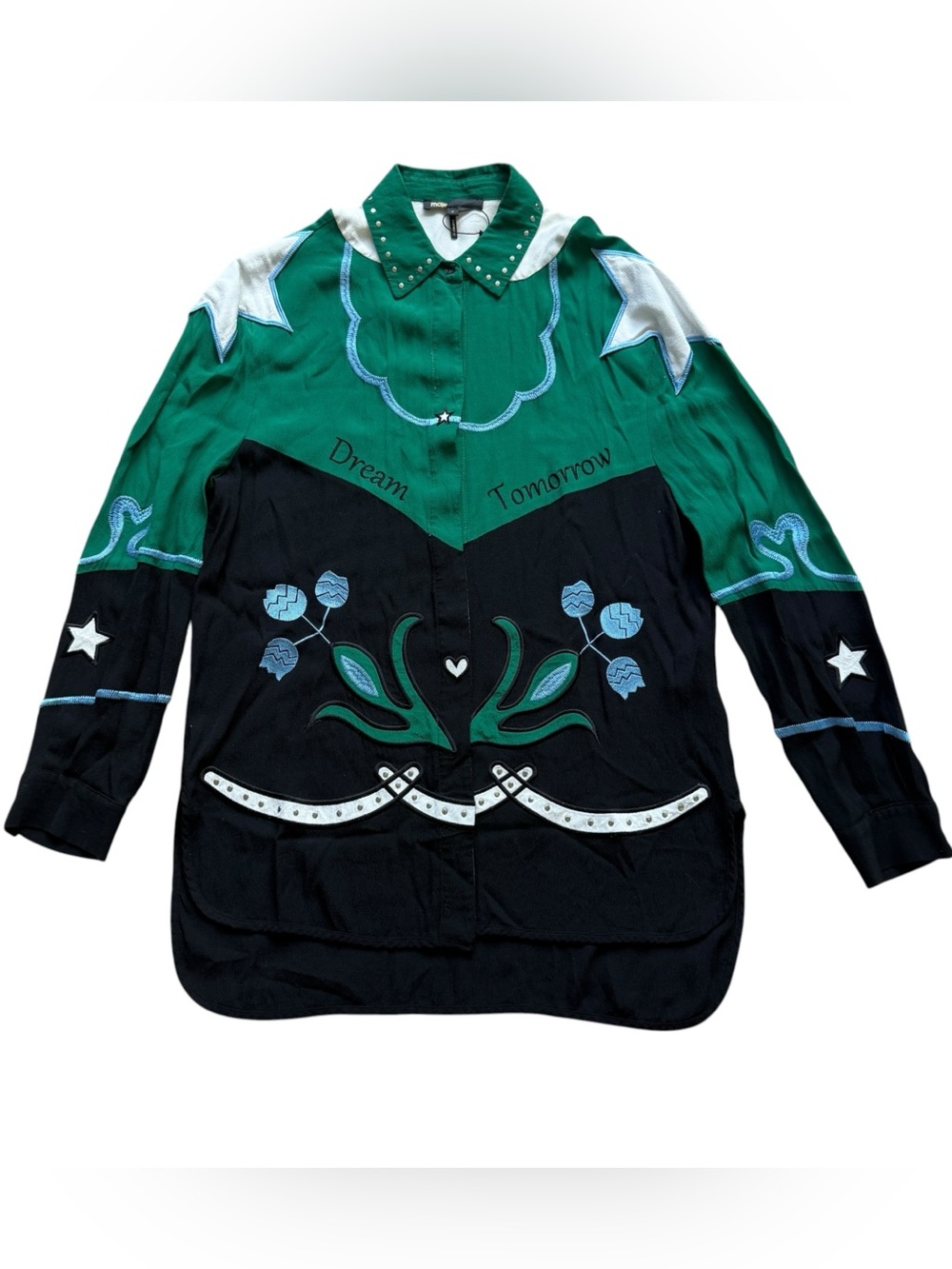 Maje Cloevi Shirt 2 Green Black Embroidered Western Studded Dream Tomorrow NWOT